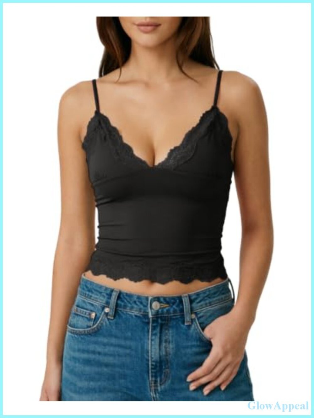 Women's Double Layer Crop Cami V-Neck Lace Trim Tank Top Adjustable Straps